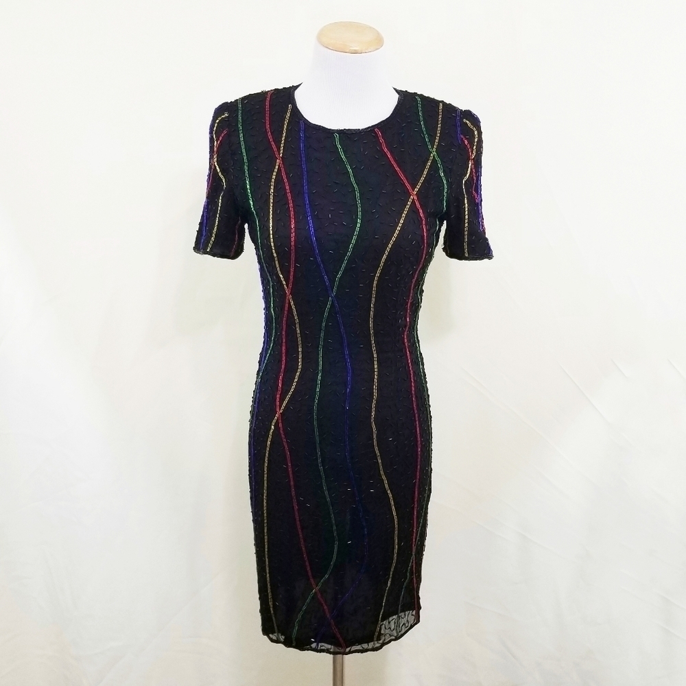Vintage beaded silk cocktail dress black rainbow Sheath Women's size 4